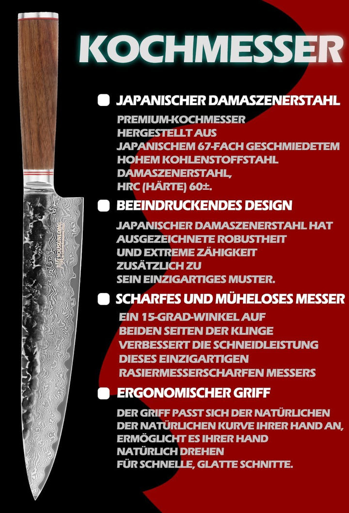 YOUSUNLONG Kochmesser 10 Zoll Pro Gyuto Japanischer Griff aus gehämmertem Damaststahl aus natürliche