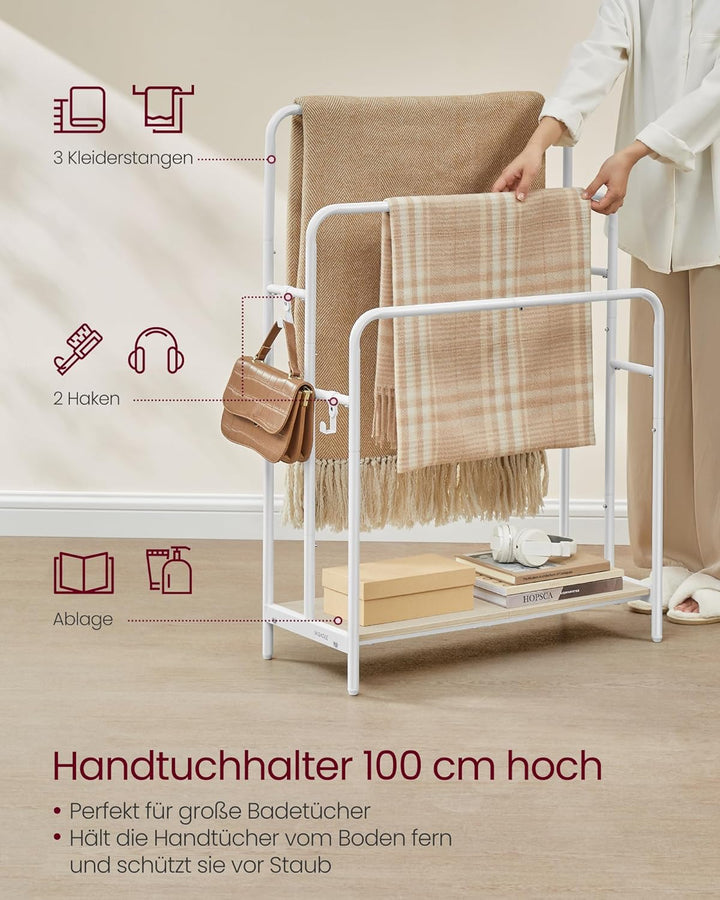 VASAGLE Handtuchhalter, stehend, Handtuchständer 3 Stangen, 70 x 30 x 100 cm, 2 Haken, Ablage, für D