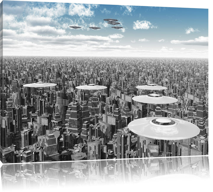 Pixxprint UFO´s über der Stadt B&W Detail, Format: 100x70 auf Leinwand, 100x70