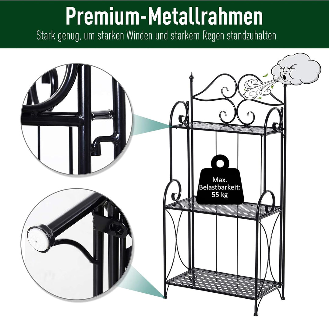 Outsunny Pflanzenregal, Gartenregal, Blumenregal, Blumentreppe mit 3 Ablagen, Metall Schwarz 56 x 30
