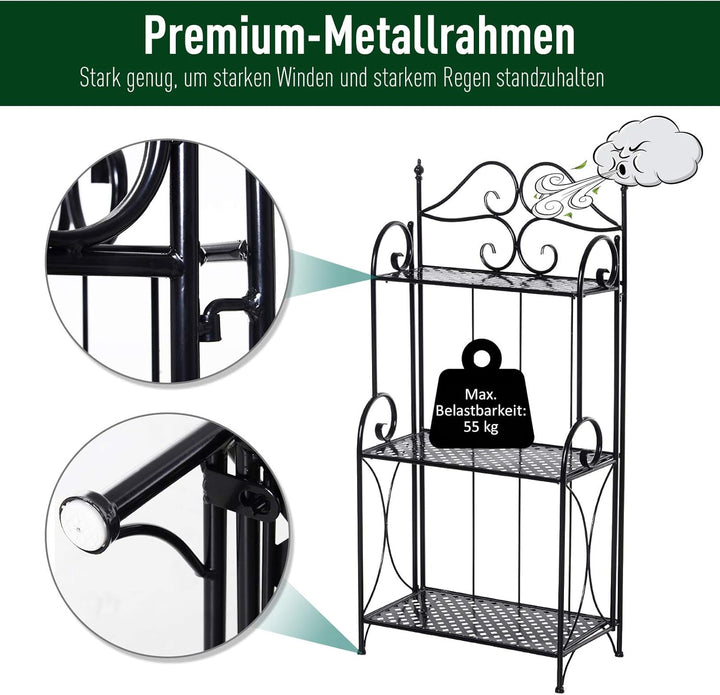 Outsunny Pflanzenregal, Gartenregal, Blumenregal, Blumentreppe mit 3 Ablagen, Metall Schwarz 56 x 30