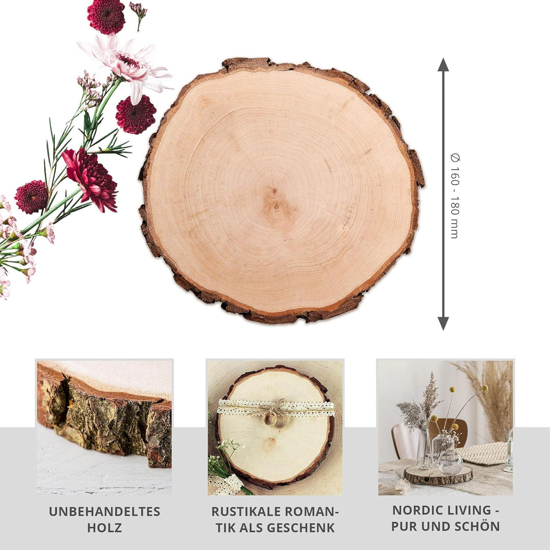 5er Set Baumscheiben aus echtem Holz mit Rinde, Runde Holzdeko Baumstamm Scheiben, Natürliche Holzsc