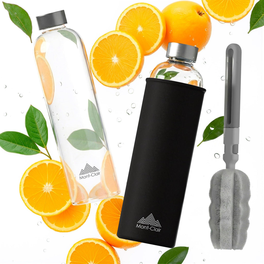 Mont-Clair Kristal Borosilikatglas Trinkflasche 1L - Wasserflasche Glas mit Neoprenhülle - Auslaufsi