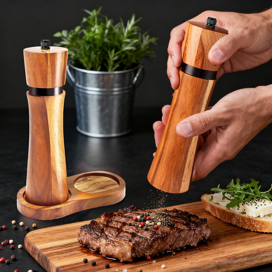 Salz und Pfeffermühle Holz Set – 2er Gewürzmühle mit Keramikmahlwerk & Untersetzer, Manuelle Pfeffer