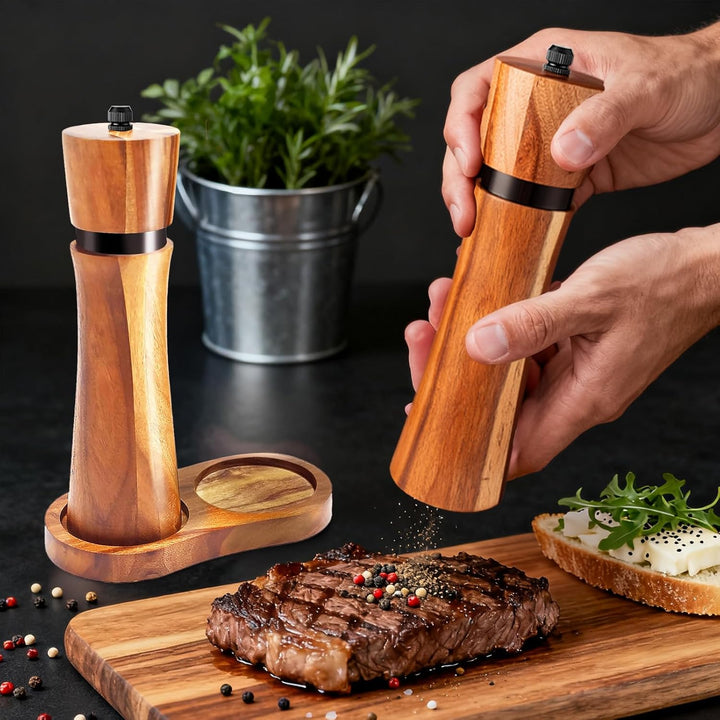 Salz und Pfeffermühle Holz Set – 2er Gewürzmühle mit Keramikmahlwerk & Untersetzer, Manuelle Pfeffer