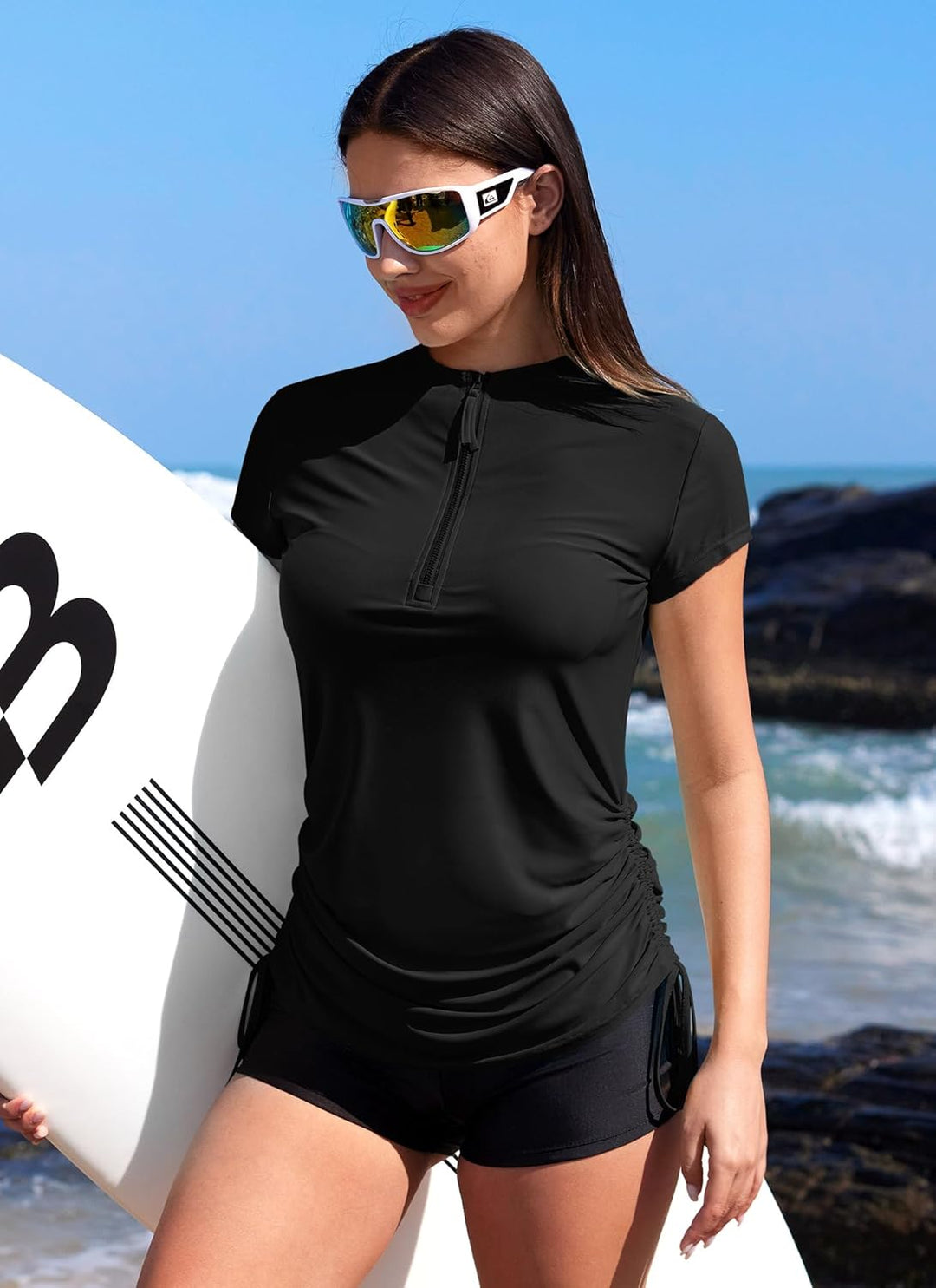 BesserBay Damen Surf Shirt Bademode Rash Guard UV Shirts mit Kurzarm und 1/4 Zip Surf Shirt Schwimme