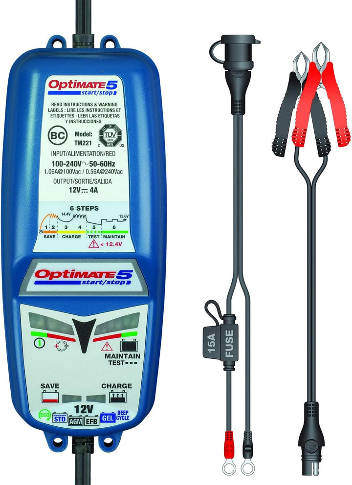OptiMATE TM220-4A Batterieladegerät OptiMate5, Blue, 5 Start/Stop 12V 4A & O-01 Zubehör O1 (SAE), Bl