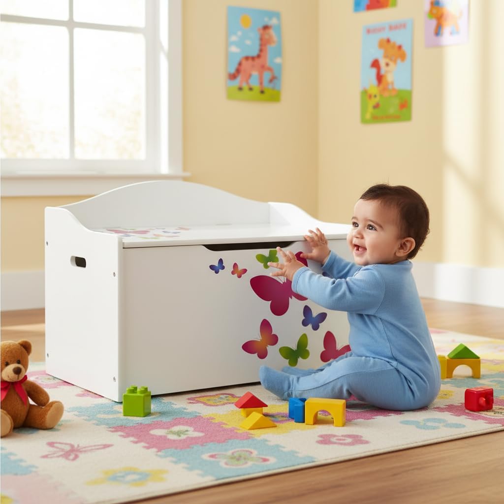 Leomark Kinderbank Hölzerne - Schmetterlinge XL - Kindertruhenbank, Behälter für Spielzeug, Truhe fü