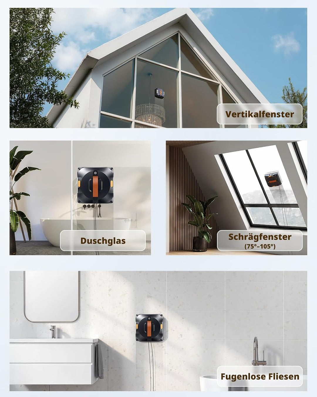 AIRMSEN YW733 Fensterputzroboter, Automatische Routenplanung, 4 Reinigungsmodi, 4 Sprühdüsen, 110 ml
