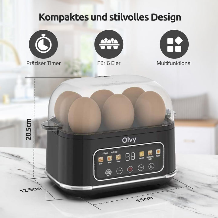 Olvy automatischer Eierkocher 6 Eier – Profi 6-in-1 Eierkocher mit LCD-Timer und Dampfgarer – ideal