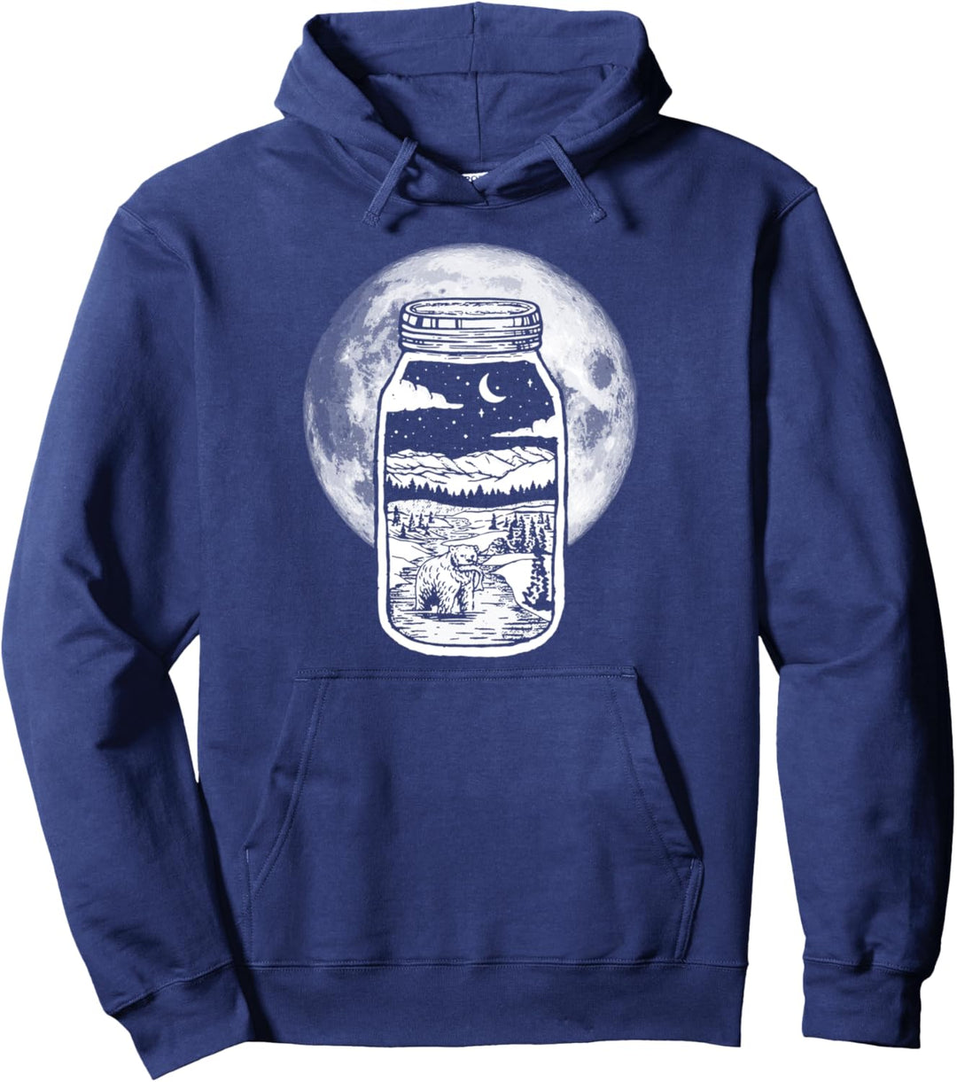 Moonshine Lover Jar Design - Bear, Moon & Mountains Pullover Hoodie