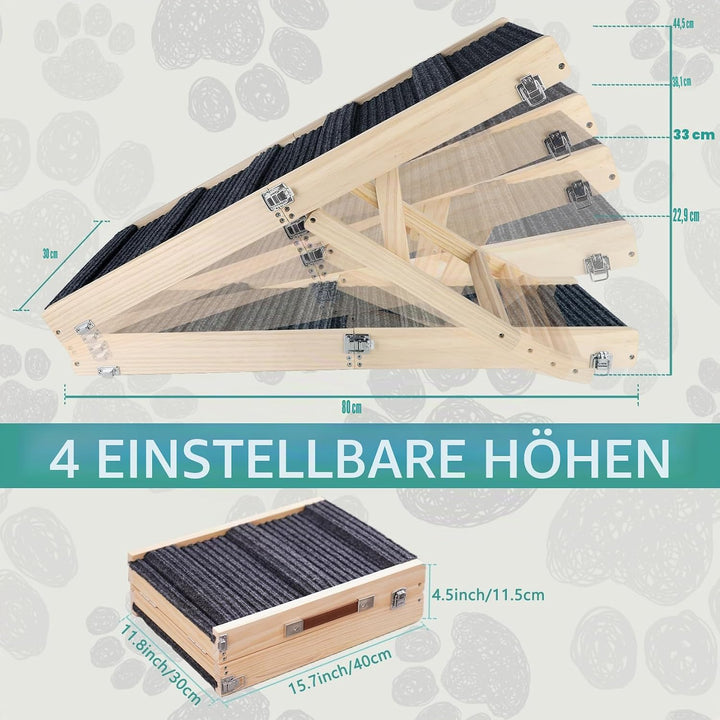 Haustierrampe aus Holz, zusammenklappbar, tragbar, 4 Stufen, verstellbar, 22,9 cm bis 43,9 cm, mit R