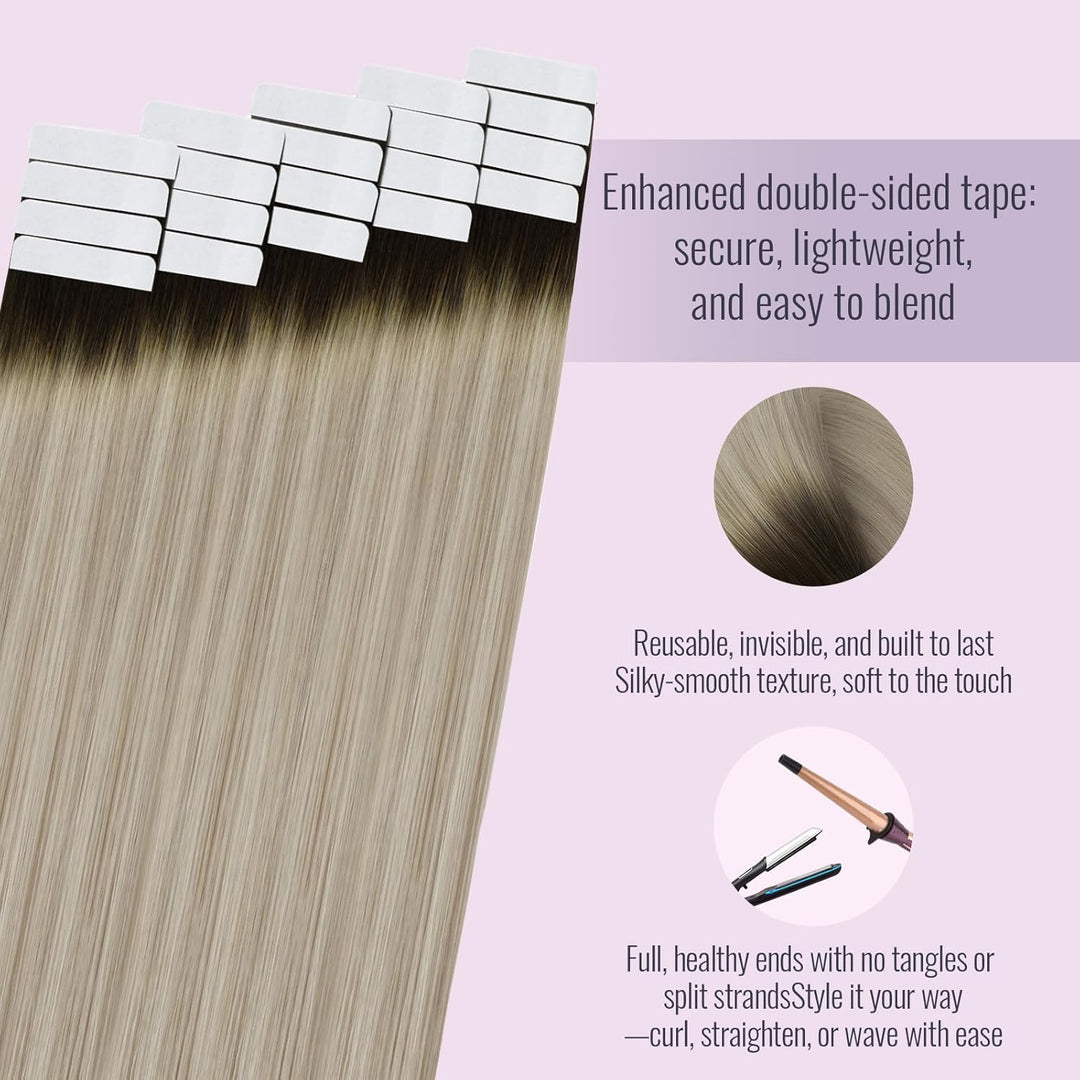 Fshine Tape in Extensions Echthaar 40cm 50g Dunkelbraun bis Aschblond Mix Platinblond Haar Extension