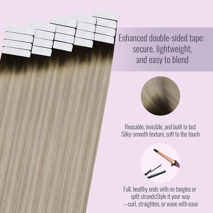 Fshine Tape in Extensions Echthaar 40cm 50g Dunkelbraun bis Aschblond Mix Platinblond Haar Extension