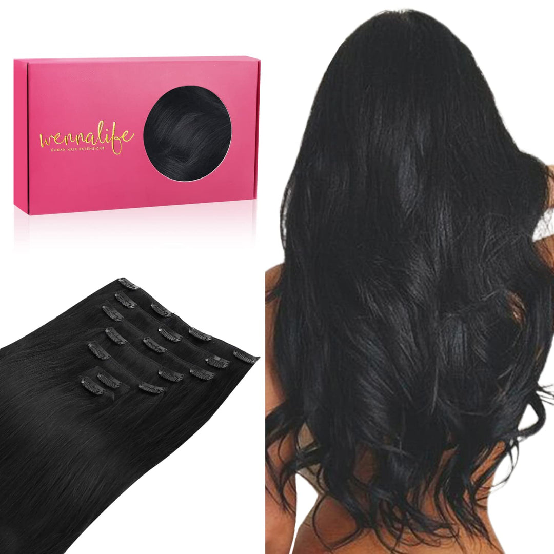 WENNALIFE Clip in Extensions Echthaar, 45cm 18 Zoll 120g 7pcs Tief Schwarz Hair Extensions Clip in E