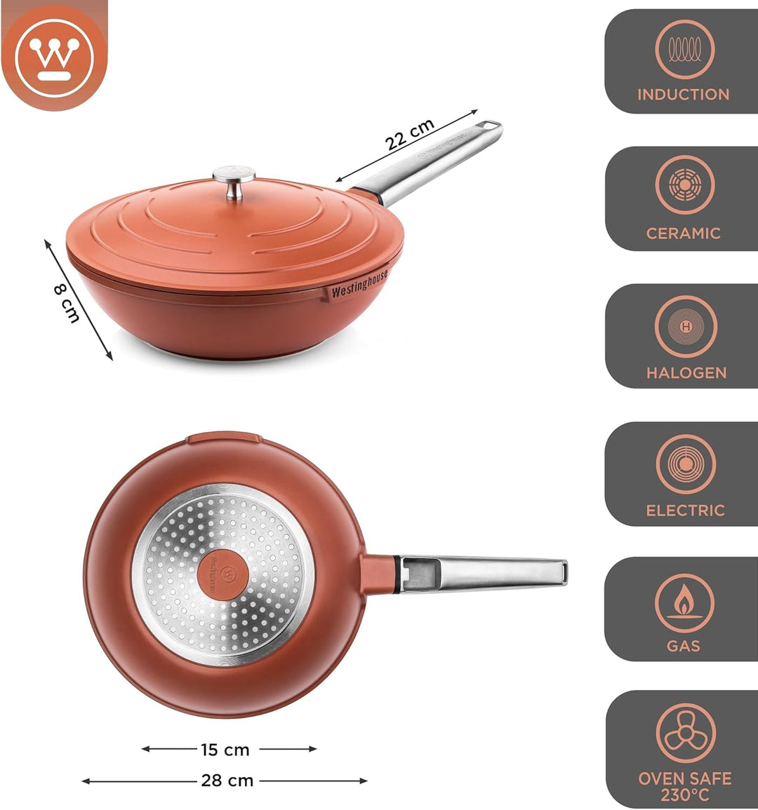 Westinghouse PERFORMANCE SERIES Wok Pfanne mit Deckel, Beschichtete Pfanne 28 cm mit Edelstahl-Griff