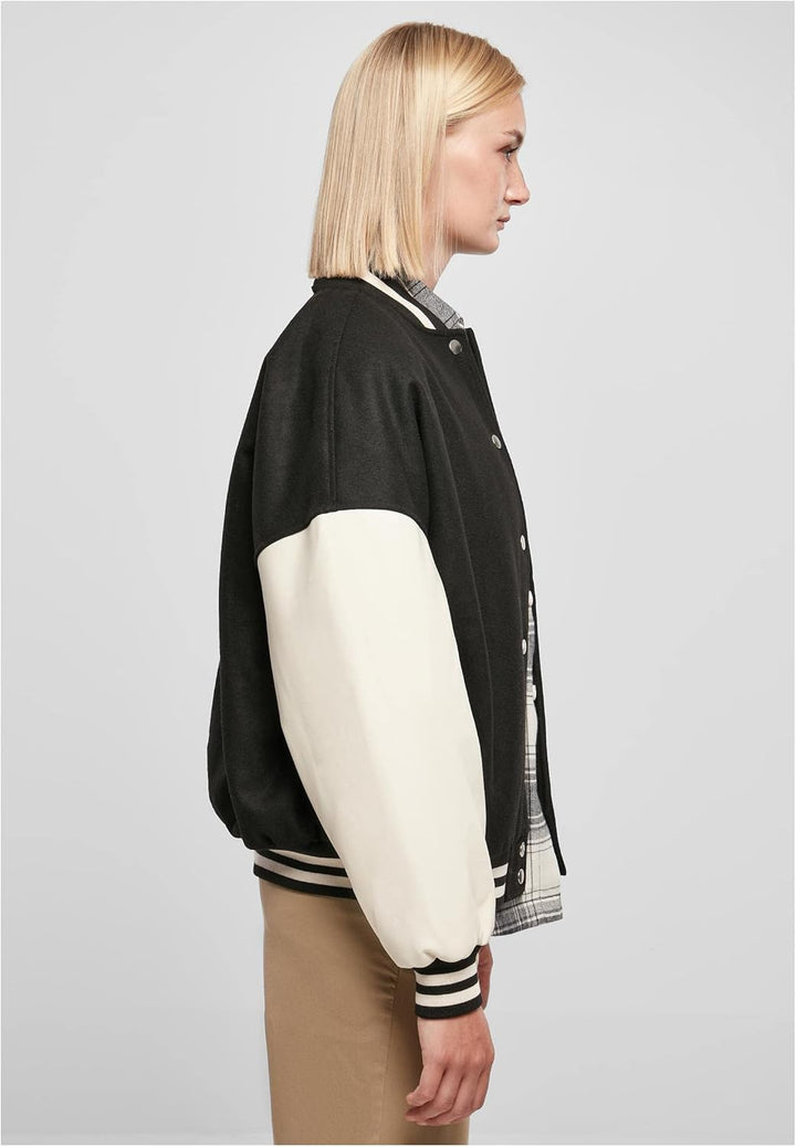 Urban Classics Damen Ladies Oversized Big U College Jacket Jacke S Black/Palewhite, S Black/Palewhit