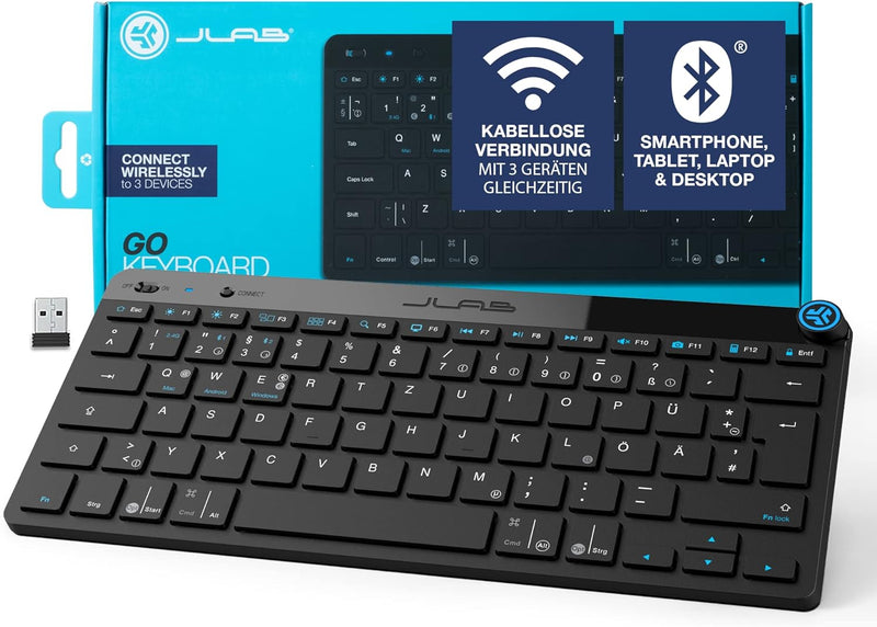 JLab GO Wireless Bluetooth-Tastatur, DE-Layout Mehrere Verbindungsoptionen, Multifunktionaler Medien