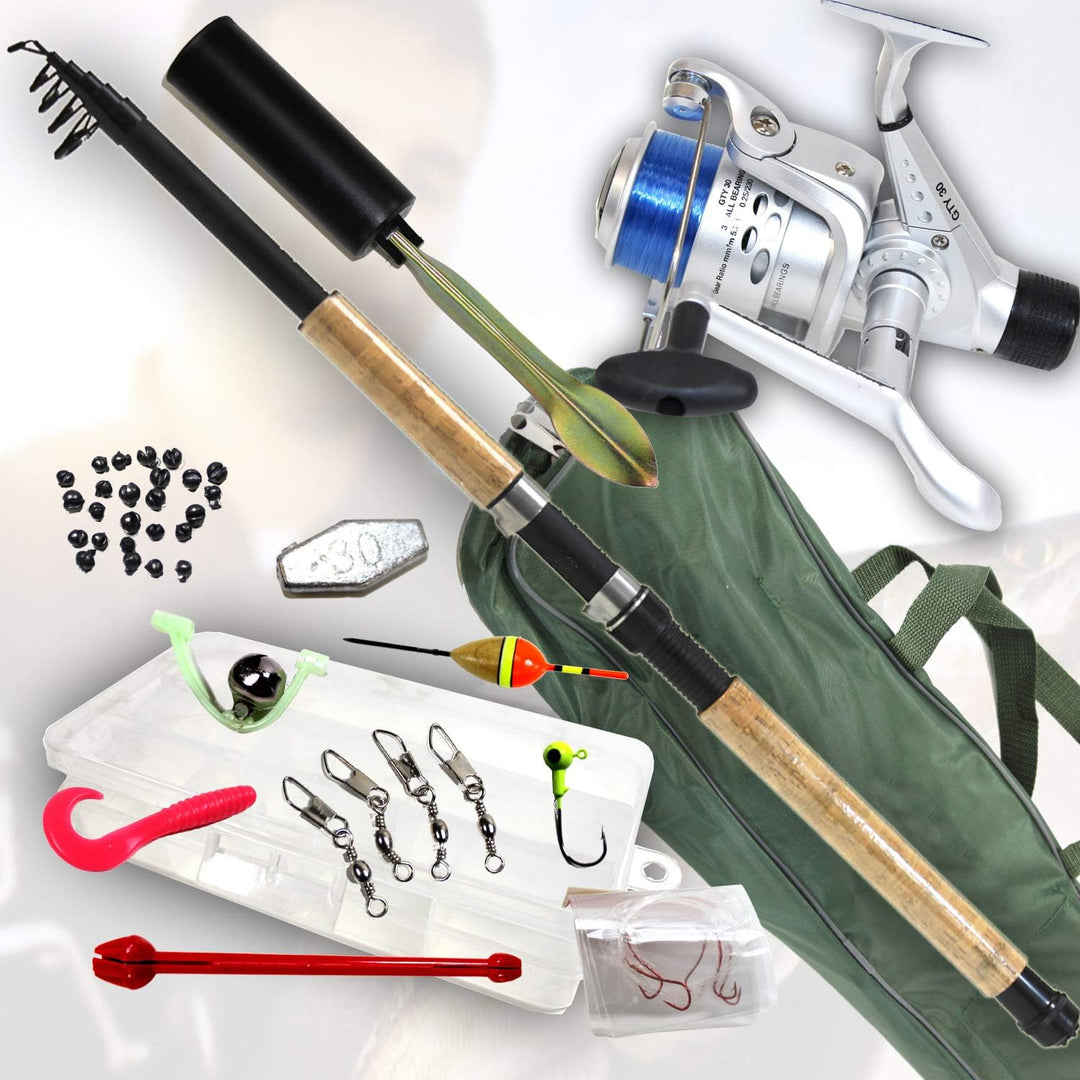 ANGELSET Vario KOMPLETT Set | 2X Angelrute + 3X Rolle + Angelstuhl + Köder-Box für die Angeltasche +