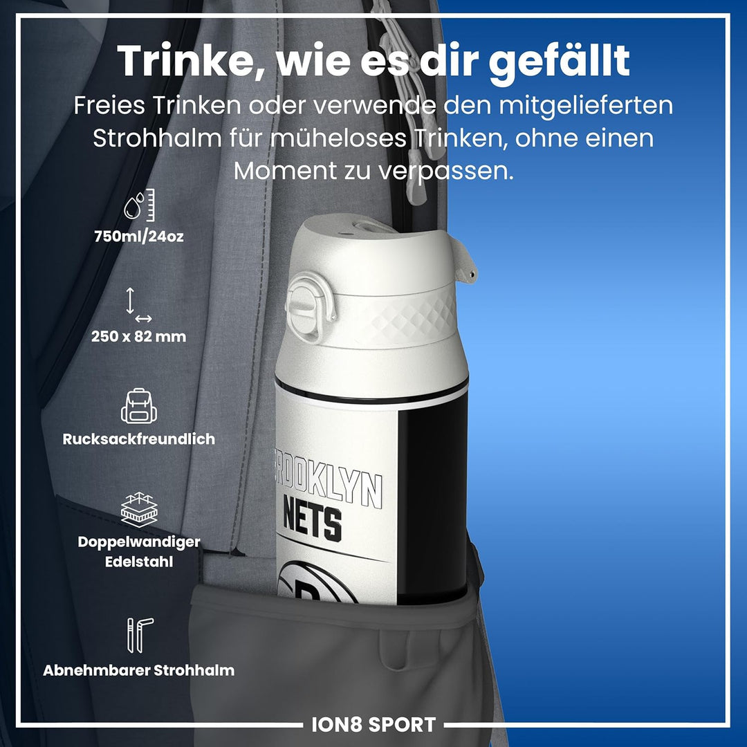 ion8 NBA Brooklyn Nets Trinkflasche Mit Herausnehmbarem Strohhalm, 750ml/24oz, Auslaufsichere Isolie