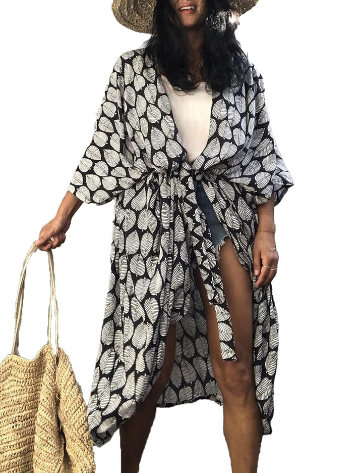 Bsubseach Stylish Tie Dye Open Front Long Kimono Strandkleid für Damen H-schwarz, H-schwarz