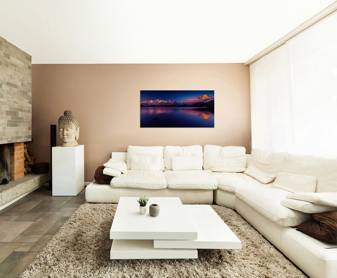 120x80cm - Fotodruck auf Leinwand und Rahmen Mont Blanc Berge See Abendrot - Leinwandbild auf Keilra