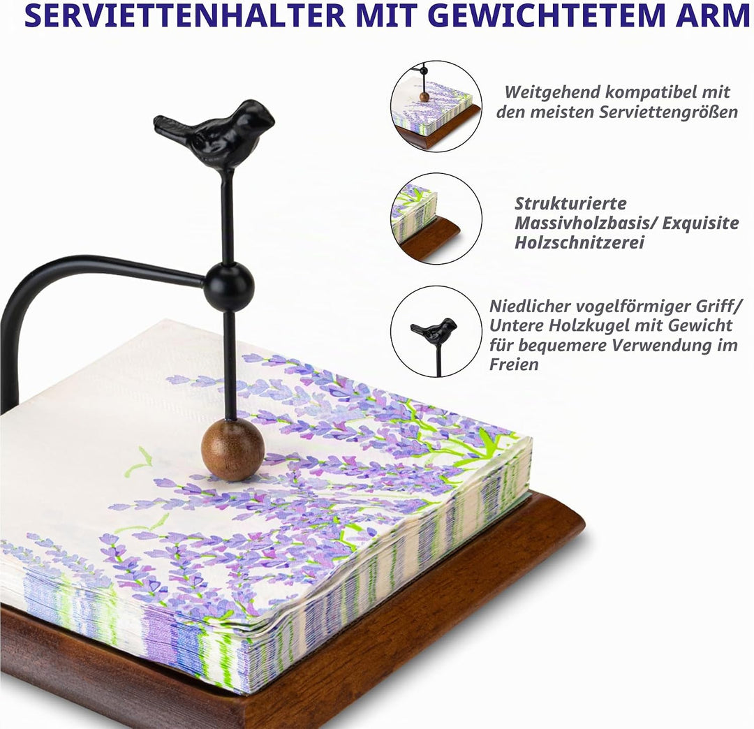 Holzserviettenhalter mit vogelartigem Griff – Eleganter flacher Serviettenhalter mit gewichtetem Arm