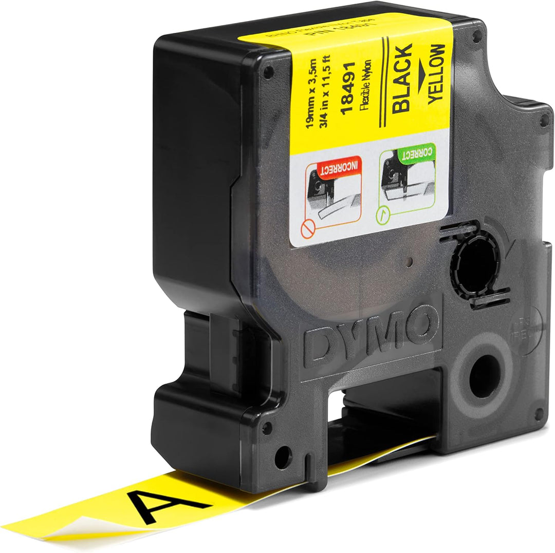 DYMO Rhino Industrie Nylonetiketten | flexibel | 19 mm x 3,5 m | schwarz auf gelb | selbstklebendes