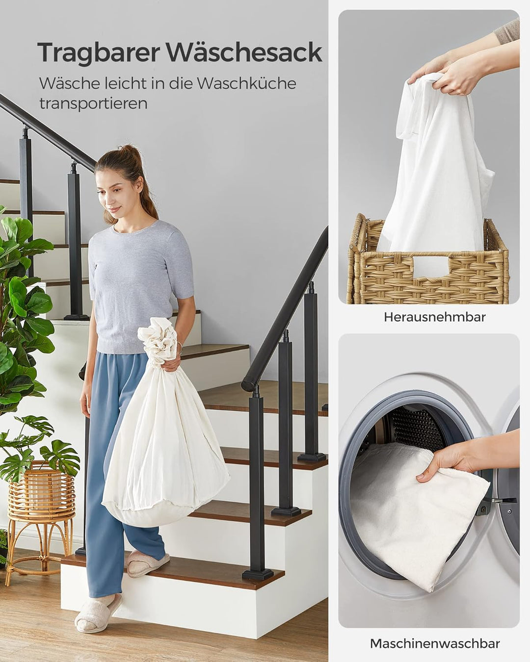 SONGMICS Wäschekorb mit Deckel, 160 L, Wäschesammler 3 Fächer, Wäschesortierer mit Rollen, in Rattan