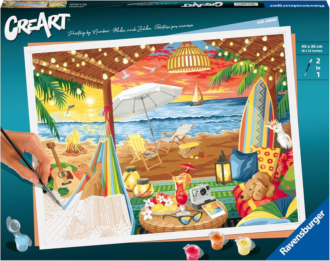 Ravensburger CreArt 20276 - Gemütliche Strandhütte - Malen nach Zahlen Erwachsene, DIY Malset mit Pi