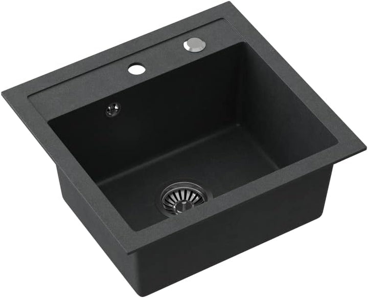 VBChome Spülbecken mit Armatur 50 x 47 cm Schwarz Granit Spüle Einzelbecken Küche Einbauspüle Verbun