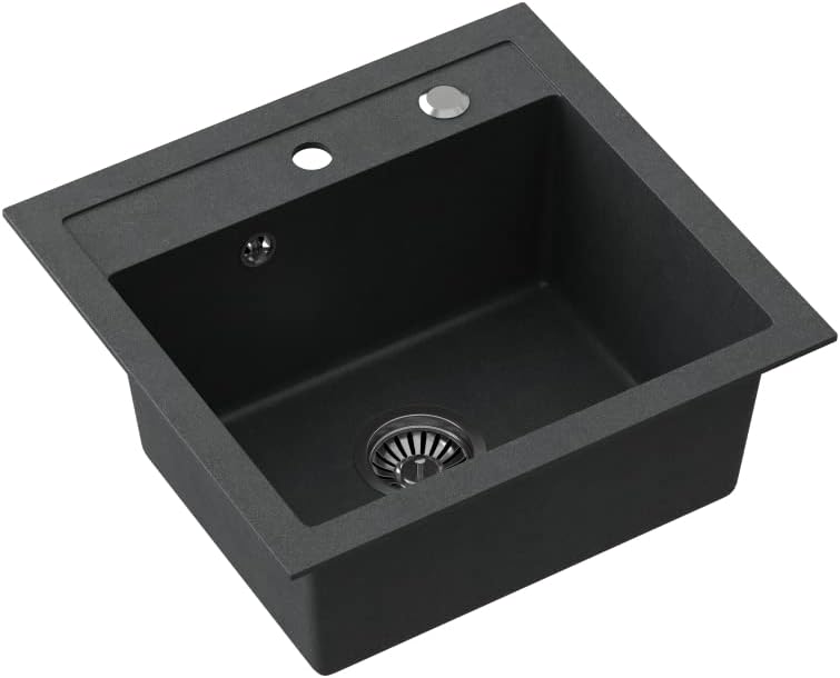 VBChome Spülbecken mit Armatur 50 x 47 cm Schwarz Granit Spüle Einzelbecken Küche Einbauspüle Verbun