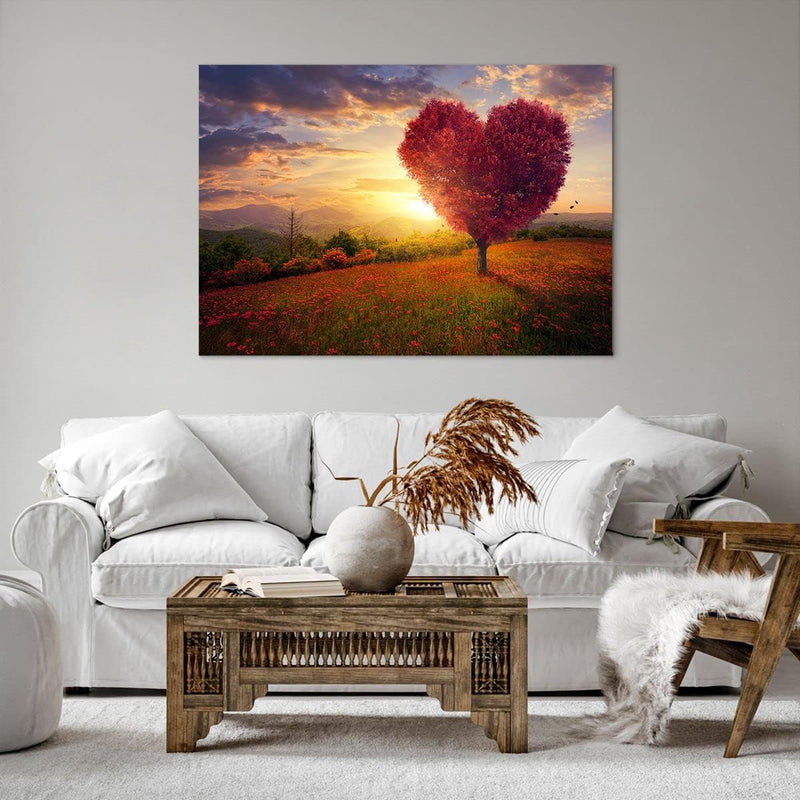 Bilder auf Leinwand 100x70cm Leinwandbild mit Rahmen Baum Wiese Blume Gross Wanddeko Bild Schlafzimm