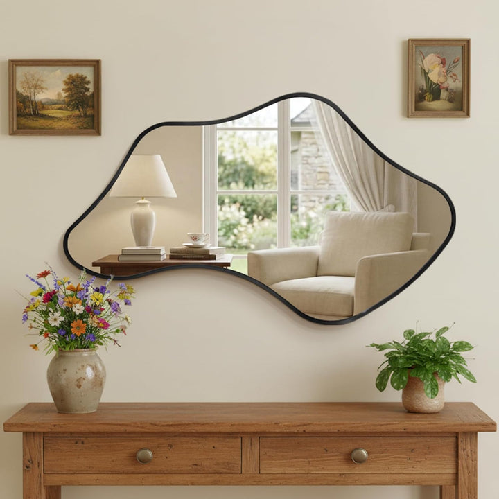 Unregelmässiger Wavy Wandspiegel mit Metallrahmen &amp; Gehärtetem Sicherheitsglas für Badezimmer, Schla
