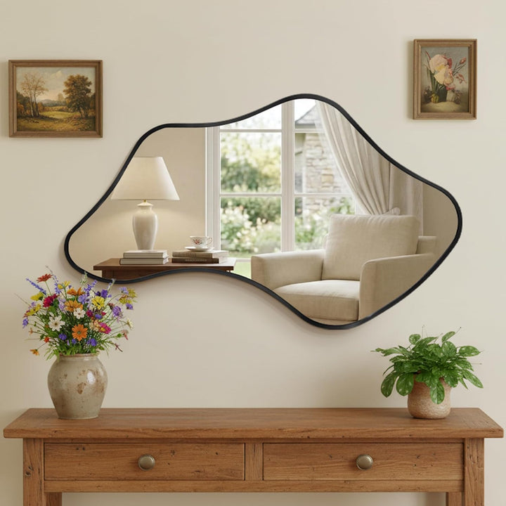 Unregelmässiger Wavy Wandspiegel mit Metallrahmen &amp; Gehärtetem Sicherheitsglas für Badezimmer, Schla
