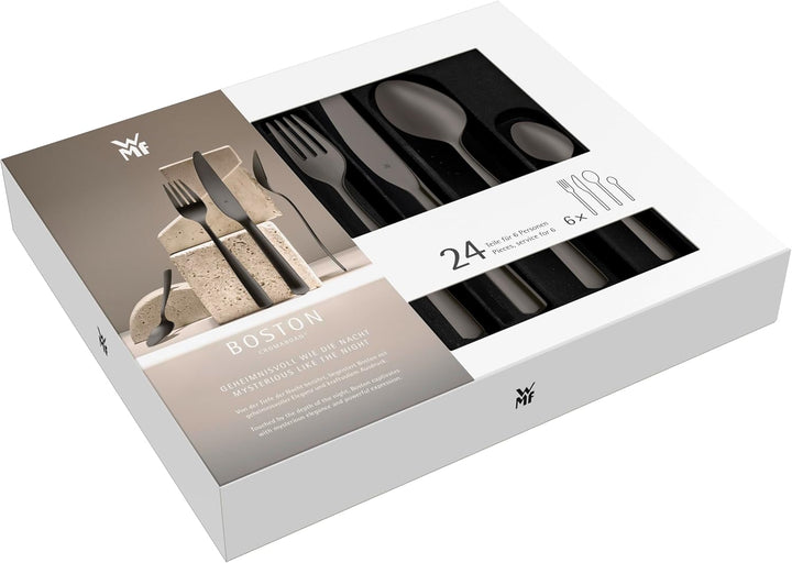 WMF Boston Black Besteckset, 24-teilig, 6 Speisen, Cromargan-Edelstahl mit polierter Oberfläche, spü