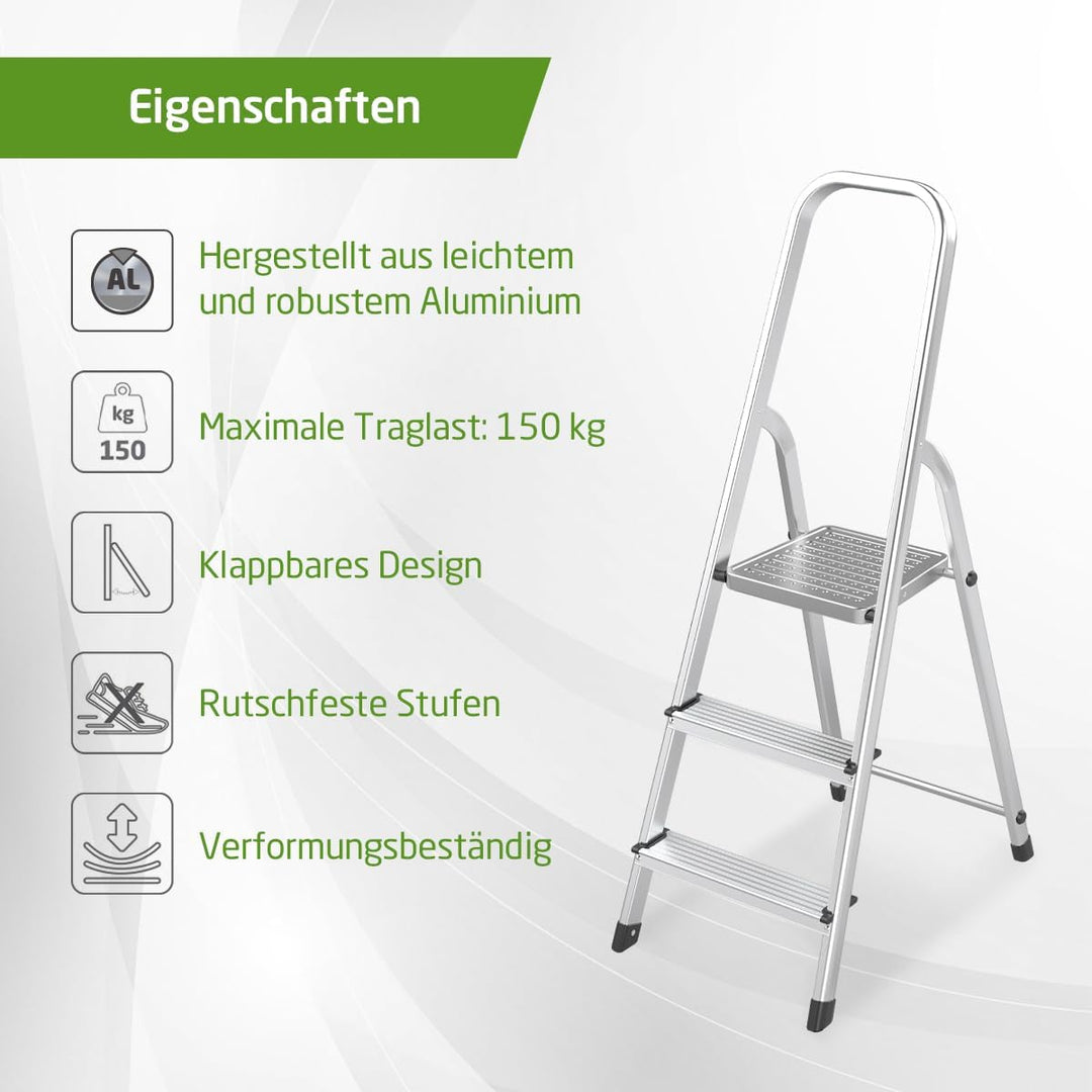 Amig - Klappbare Leiter mit 3 Stufen - Hergestellt aus Aluminium - Masse der kleinen Stufen: 28 cm x