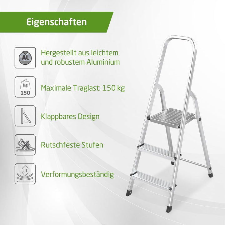Amig - Klappbare Leiter mit 3 Stufen - Hergestellt aus Aluminium - Masse der kleinen Stufen: 28 cm x