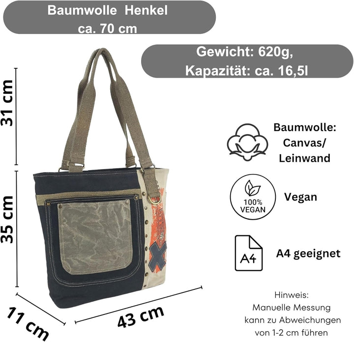 Sunsa Damen Handtasche. Shopper in Vintage Retro Stil. Schultertasche aus Baumwolle/Canvas. Grosse v