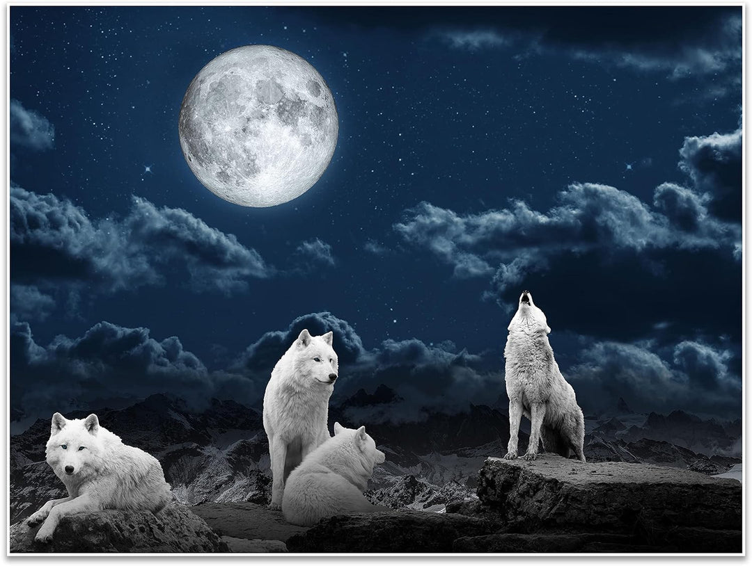 wandmotiv24 Poster als Wanddeko, Grösse 80x60cm, Wolfsrudel, Wolf, Gemälde, Mond, Wölfe, Felsen, Tie