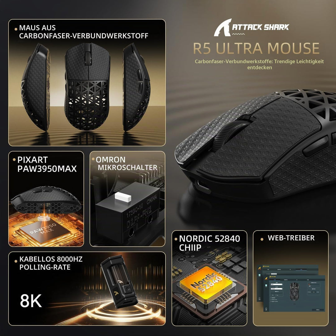 ATTACK SHARK R5 Ultra Carbonfaser Gaming-Maus, 39g Superlight, 8000Hz Kabellose Mouse, 42000 DPI, PA