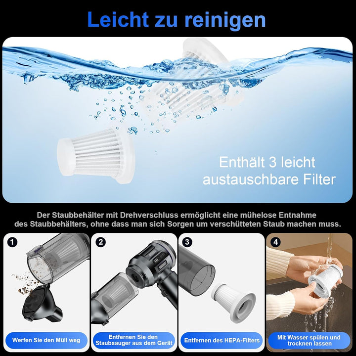Handstaubsauger, 26000 Pa 4-In-1 Mini Staubsauger Akku Kabellos mit Digitalanzeige 1-Knopf-Selbstent