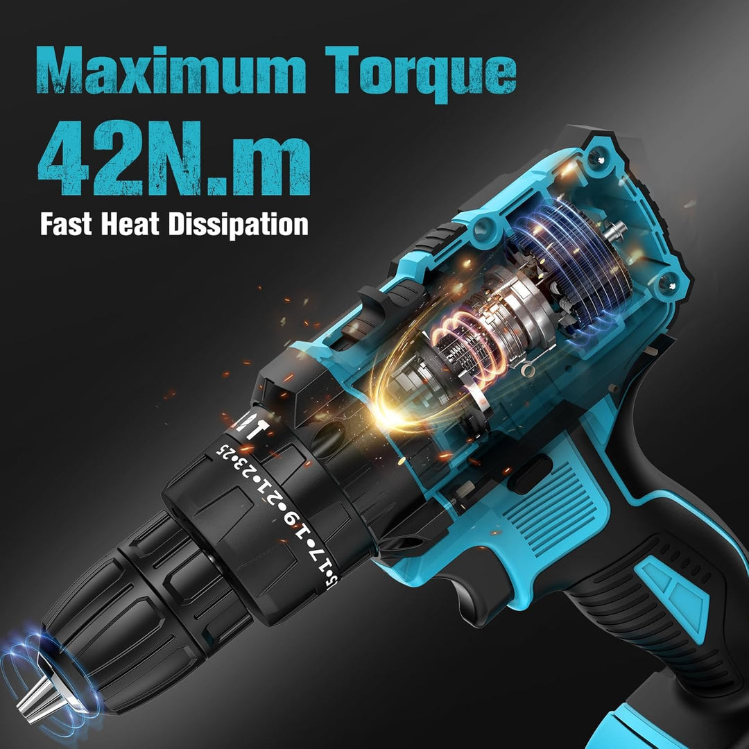 LEEIKOO Akkuschrauber 21V, Akku Bohrschrauber mit 2 Akkus 2.0Ah, 42N.m Akku Bohrmaschine, 25+3 Drehm