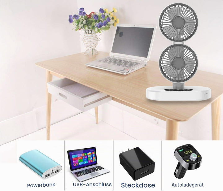 Weisser Doppelkopf-Tischventilator – 6 Geschwindigkeiten, 360° Rotation, Timer, Wandmontage &amp; Tischa