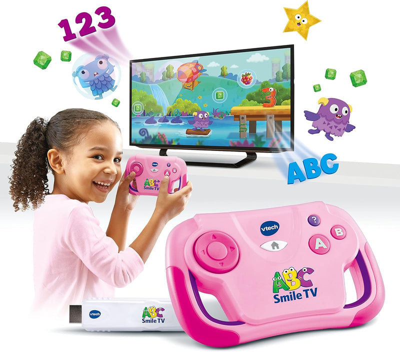 VTech ABC Smile TV pink – Kabellose Lernkonsole mit HDMI-Stick für den Fernseher mit 15 Spiel-Level