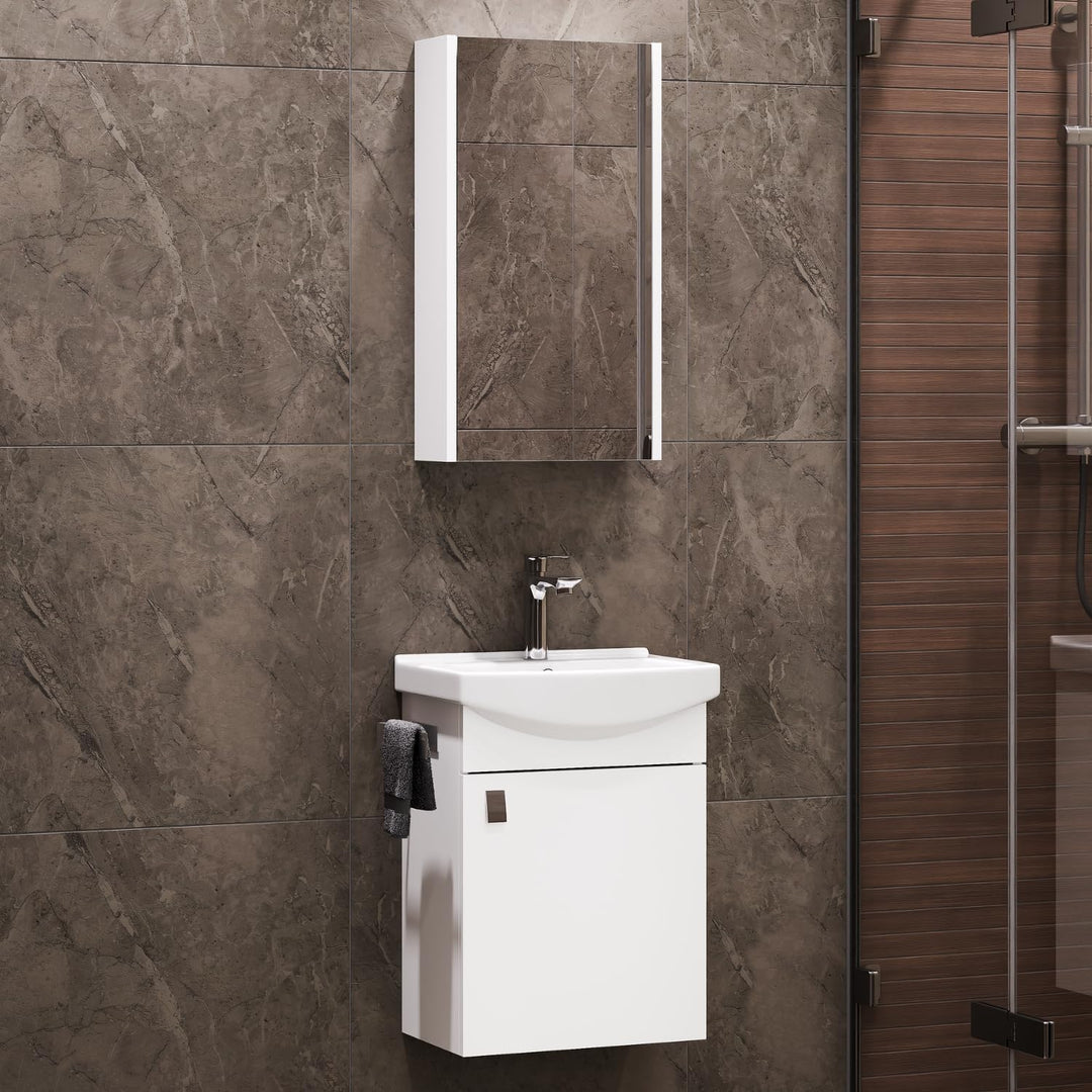 Planetmöbel Badmöbel Set aus Waschtisch + Waschbecken + Spiegelschrank, Gäste Bad WC, Farbe Weiss, W