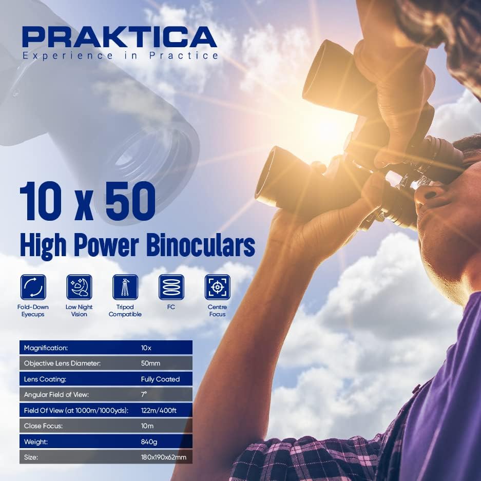 Praktica Falcon Porro Fernglas mit vielfach-beschichtetem Objektiv, Prismenfeld 10 x 50 schwarz 10x5
