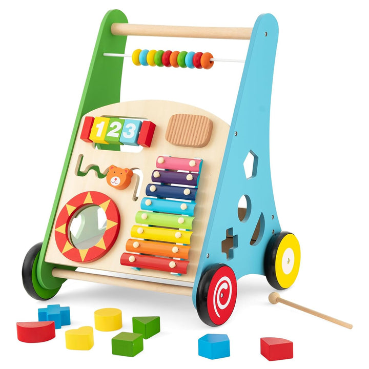 GOPLUS Stabile Lauflernhilfe aus Holz, Multifunktionaler Lauflernwagen mit Mehreren Spieleinstellung