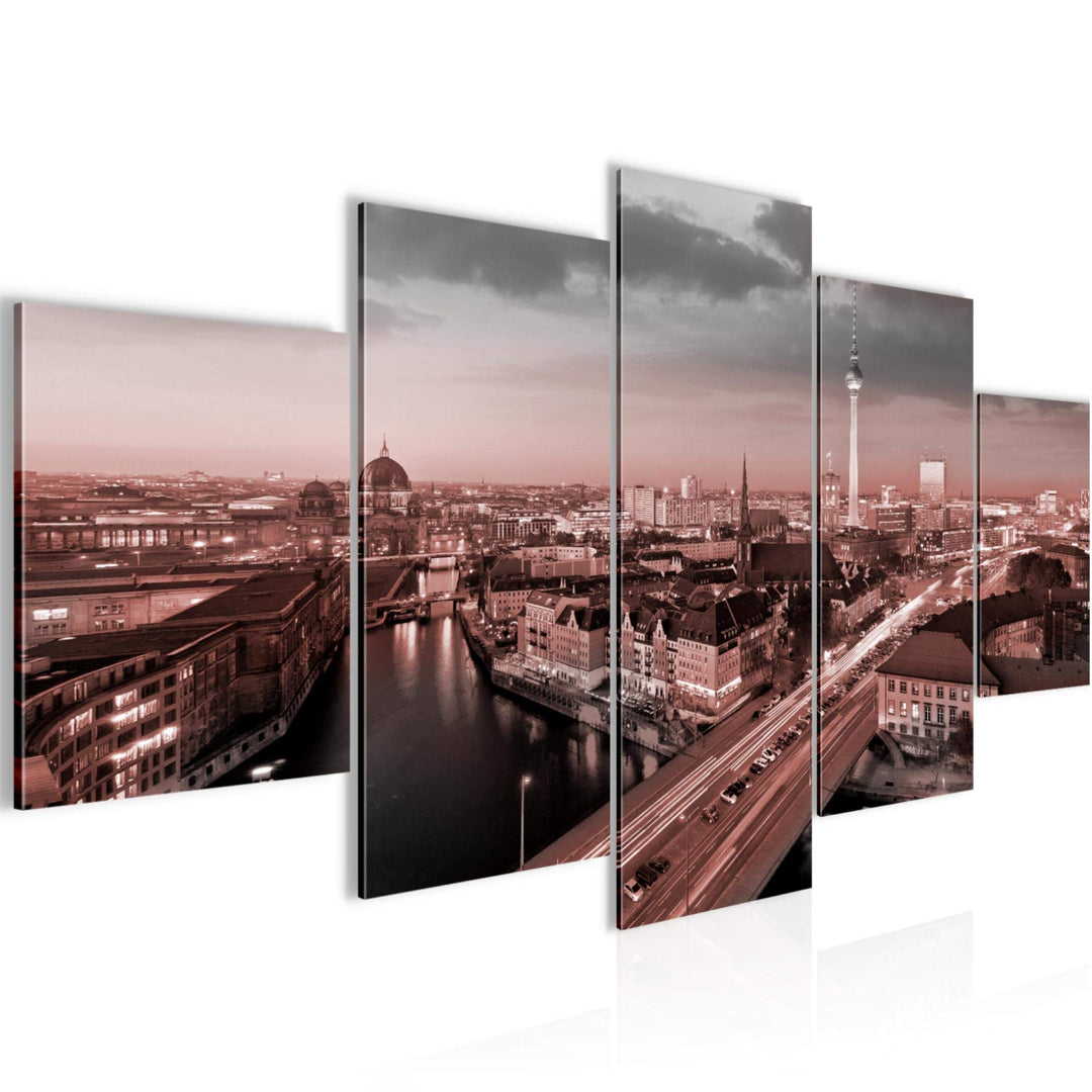 Runa Art Wandbilder Berlin 5 Teilig Bild auf Vlies Leinwand Deko Büro Wohnzimmer Stadt Grau Rosa 605