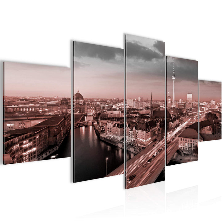 Runa Art Wandbilder Berlin 5 Teilig Bild auf Vlies Leinwand Deko Büro Wohnzimmer Stadt Grau Rosa 605
